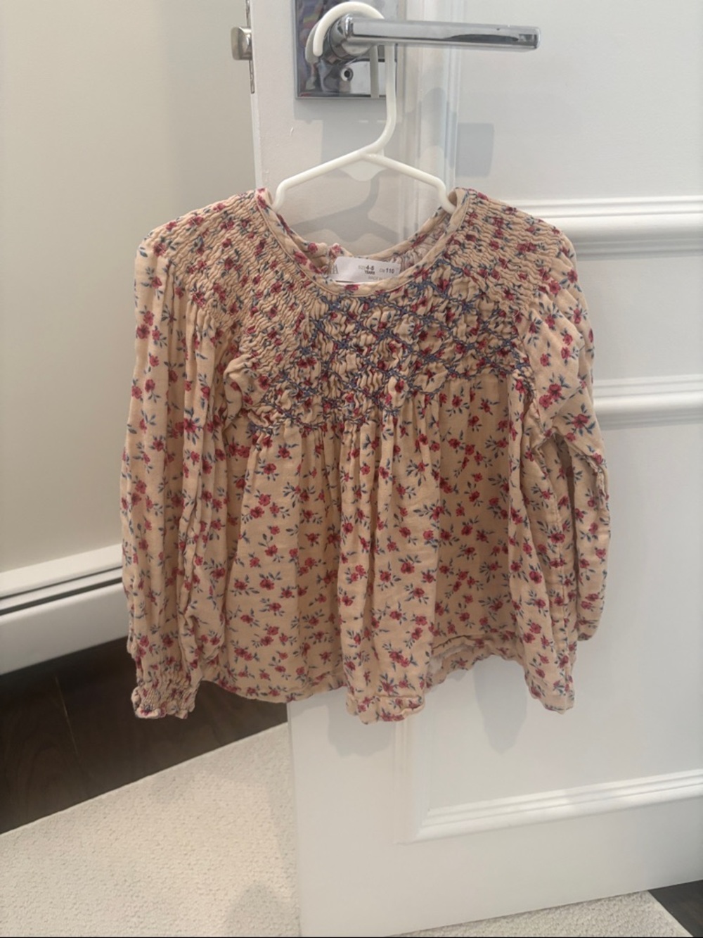 Zara Cream Smocked Top with Blue and Pink Floral Accents
